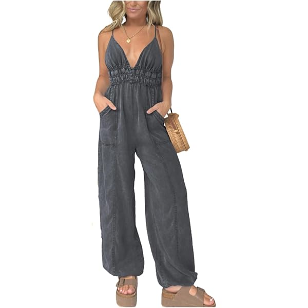 Amazon.com: WATOIT Denim Lightweight V-Neck Jumpsuit 2024